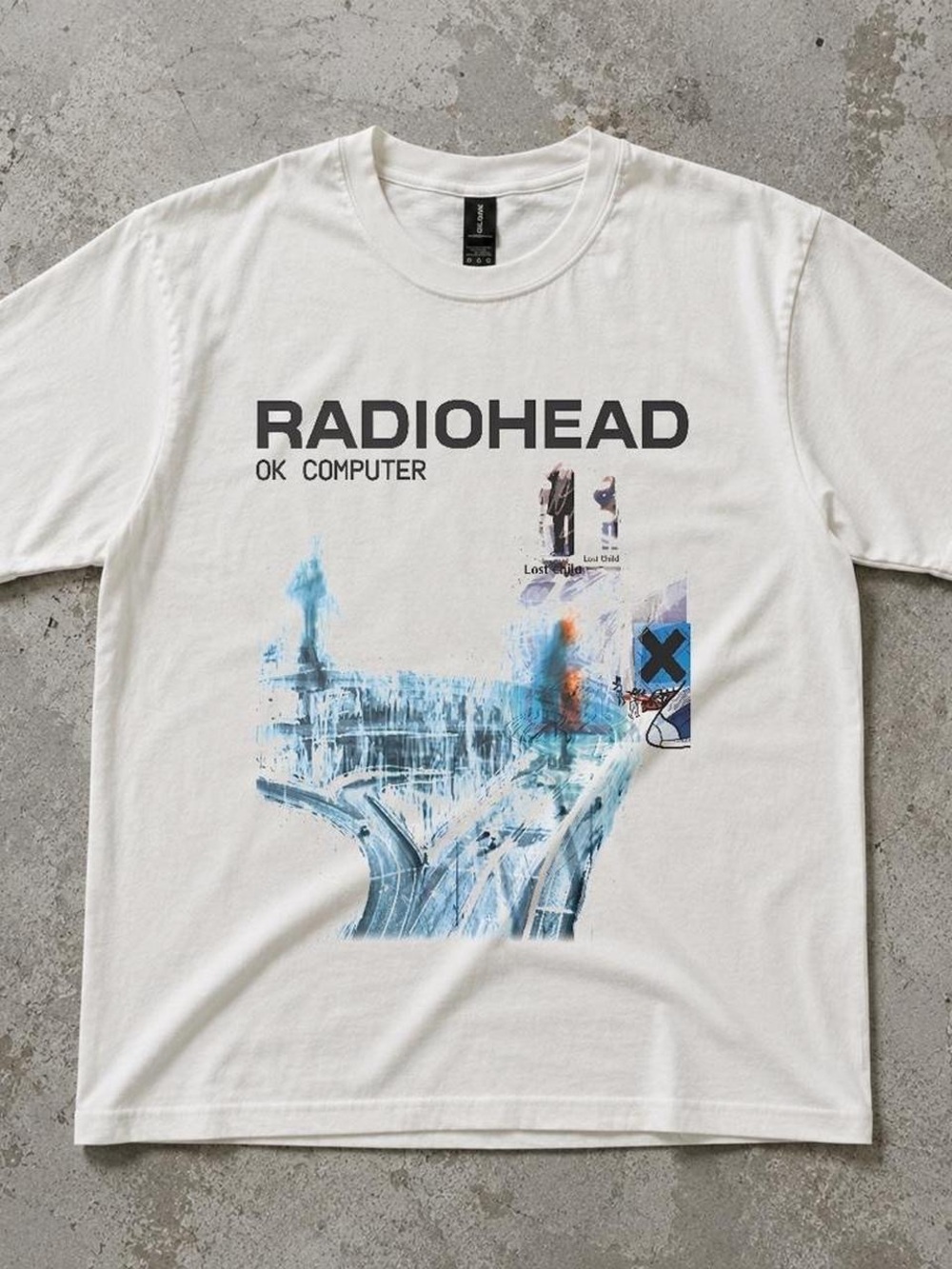 Gildan White Radiohead OK Computer Tee with Blue & Orange Graphic